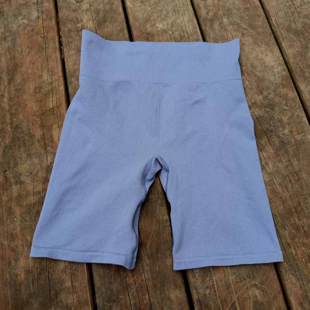 New Balance Womens Seamless Ribbed Biker Shorts Periwinkle Blue High Waist Med
